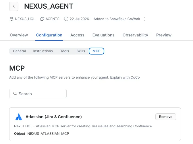 The NEXUS_AGENT configuration screen showing it published to Snowflake CoWork with the Atlassian connector attached.