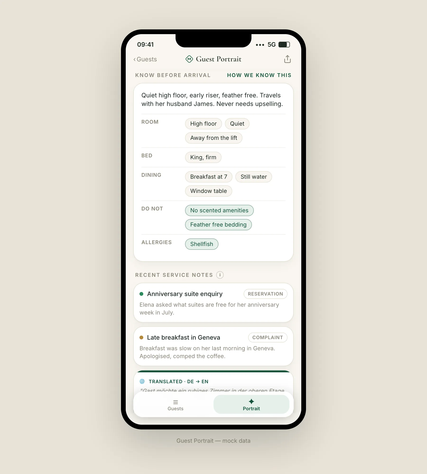 Know before arrival: preferences structured from the notes by AI, and recent service notes scored for sentiment and intent.