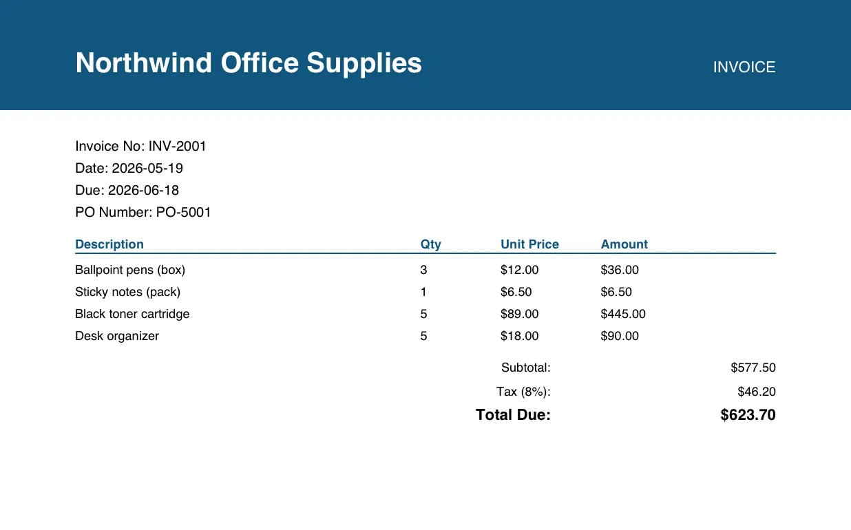 A sample vendor invoice with vendor name, invoice number, dates, line items, and total due.